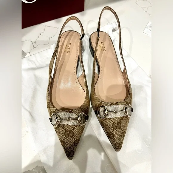 Like New Gucci GG Monogram Horsebit Slingback Flats pointed Size 37.5 - Picture 5 of 15